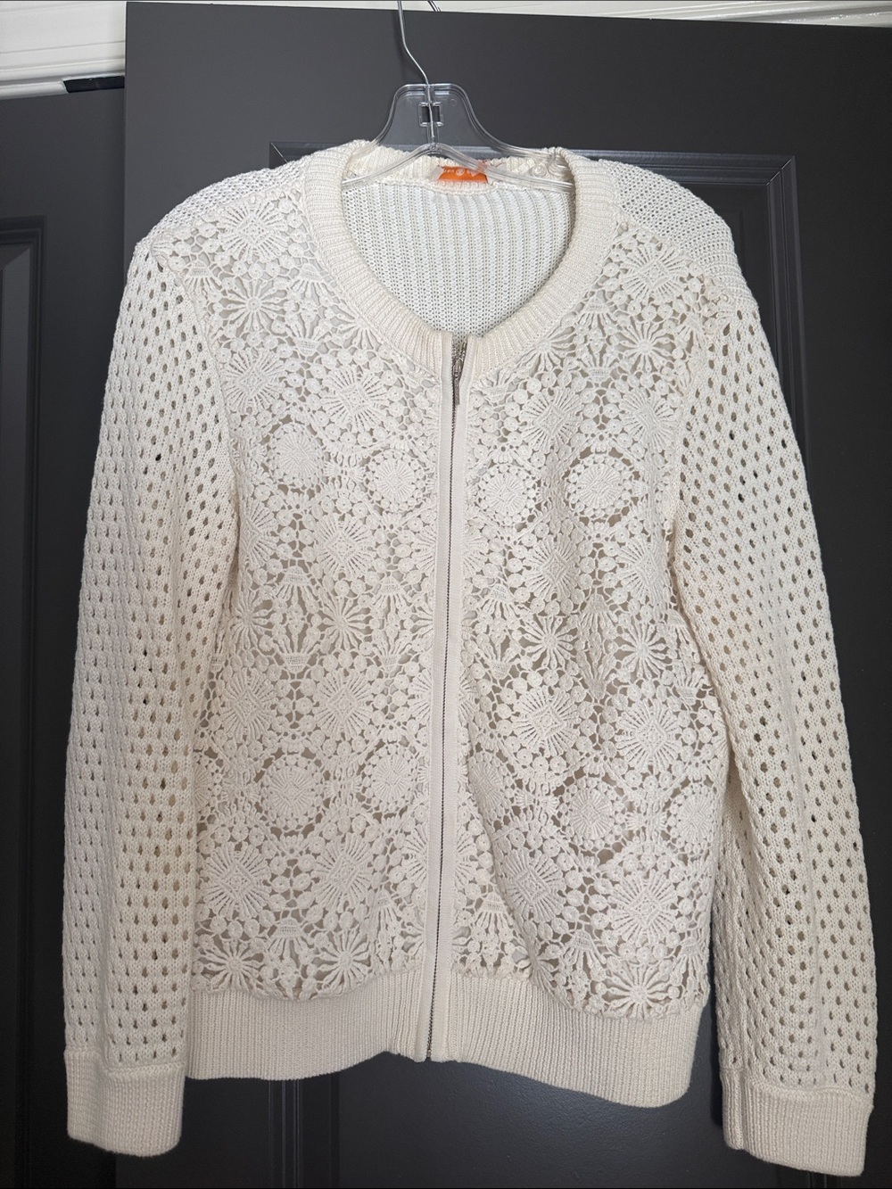Tory Burch Cream Crochet Zip-Front Cardigan